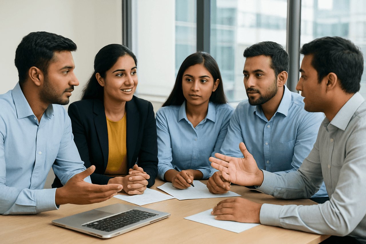 A diverse team of professionals collaborating in a modern office environment at Reeltor, showcasing a positive and engaging workplace culture.